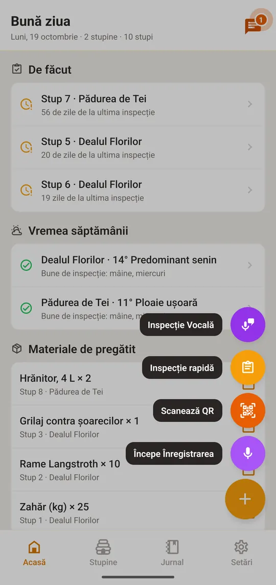 Atinge butonul +, alege „Inspecție Rapidă” și alege stupul